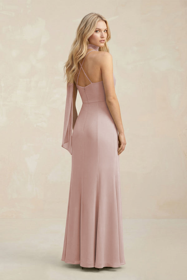Cowl Neck Sheath Chiffon Maxi Bridesmaid Dress With Ribbon in Toffee - KissProm Bridesmaid Dresses