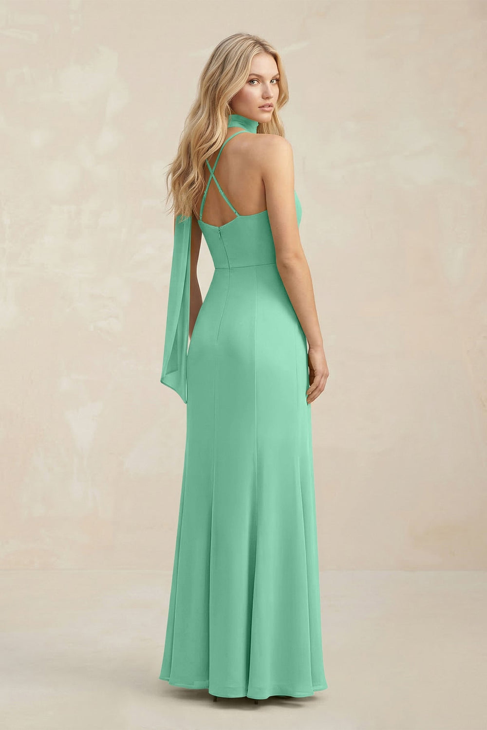 Cowl Neck Sheath Chiffon Maxi Bridesmaid Dress With Ribbon in Turquoise - KissProm Bridesmaid Dresses