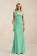 Cowl Neck Sheath Chiffon Maxi Bridesmaid Dress With Ribbon in Turquoise - KissProm Bridesmaid Dresses