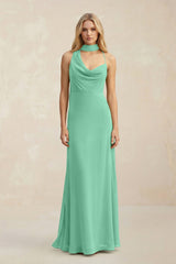 Cowl Neck Sheath Chiffon Maxi Bridesmaid Dress With Ribbon in Turquoise - KissProm Bridesmaid Dresses
