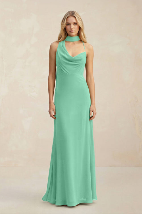 Cowl Neck Sheath Chiffon Maxi Bridesmaid Dress With Ribbon in Turquoise - KissProm Bridesmaid Dresses