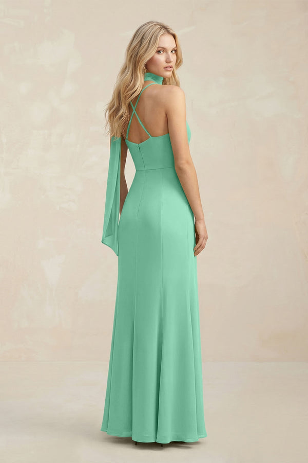 Cowl Neck Sheath Chiffon Maxi Bridesmaid Dress With Ribbon in Turquoise - KissProm Bridesmaid Dresses