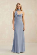Cowl Neck Sheath Chiffon Maxi Bridesmaid Dress With Ribbon in Twilight - KissProm Bridesmaid Dresses