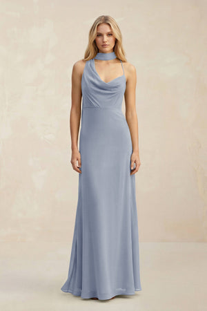 Cowl Neck Sheath Chiffon Maxi Bridesmaid Dress With Ribbon in Twilight - KissProm Bridesmaid Dresses
