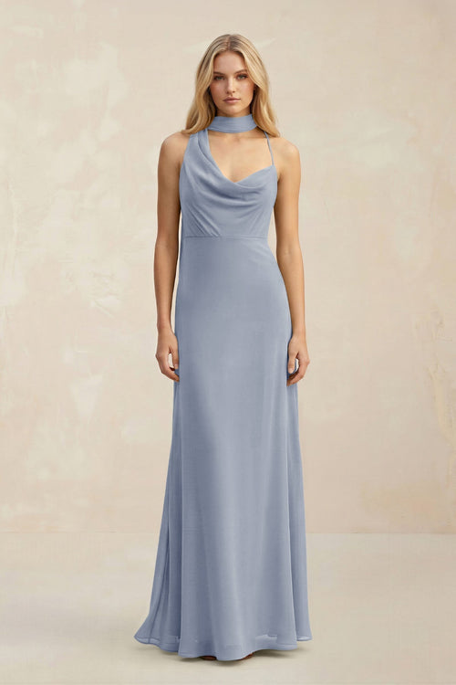 Cowl Neck Sheath Chiffon Maxi Bridesmaid Dress With Ribbon in Twilight - KissProm Bridesmaid Dresses