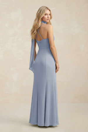 Cowl Neck Sheath Chiffon Maxi Bridesmaid Dress With Ribbon in Twilight - KissProm Bridesmaid Dresses