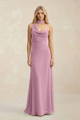 Cowl Neck Sheath Chiffon Maxi Bridesmaid Dress With Ribbon in Vintage Mauve - KissProm Bridesmaid Dresses