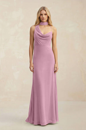 Cowl Neck Sheath Chiffon Maxi Bridesmaid Dress With Ribbon in Vintage Mauve - KissProm Bridesmaid Dresses