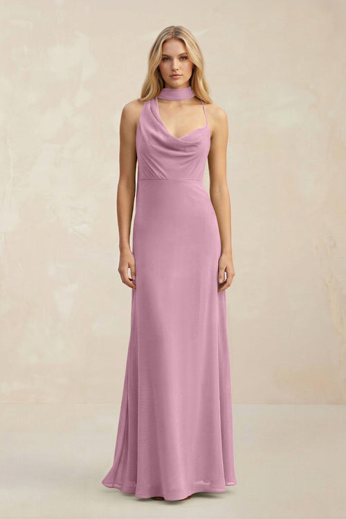 Cowl Neck Sheath Chiffon Maxi Bridesmaid Dress With Ribbon in Vintage Mauve - KissProm Bridesmaid Dresses