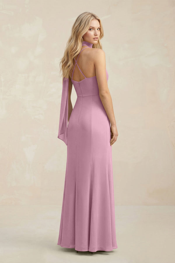 Cowl Neck Sheath Chiffon Maxi Bridesmaid Dress With Ribbon in Vintage Mauve - KissProm Bridesmaid Dresses