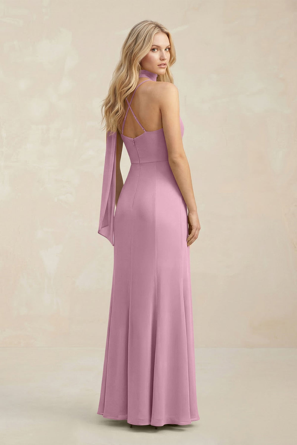 Cowl Neck Sheath Chiffon Maxi Bridesmaid Dress With Ribbon in Vintage Mauve - KissProm Bridesmaid Dresses