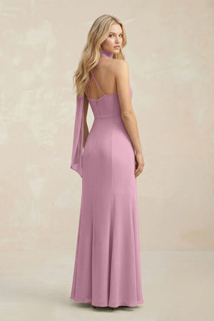 Cowl Neck Sheath Chiffon Maxi Bridesmaid Dress With Ribbon in Vintage Mauve - KissProm Bridesmaid Dresses