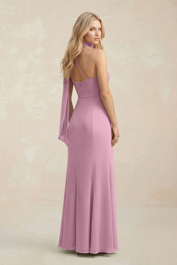 Cowl Neck Sheath Chiffon Maxi Bridesmaid Dress With Ribbon in Vintage Mauve - KissProm Bridesmaid Dresses