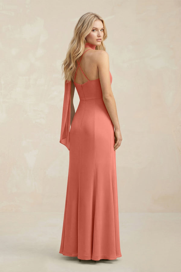 Cowl Neck Sheath Chiffon Maxi Bridesmaid Dress With Ribbon in Wild Rose - KissProm Bridesmaid Dresses