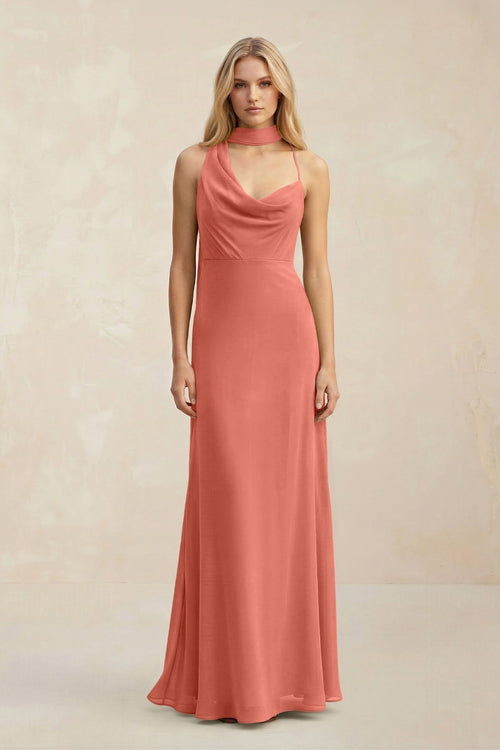 Cowl Neck Sheath Chiffon Maxi Bridesmaid Dress With Ribbon in Wild Rose - KissProm Bridesmaid Dresses