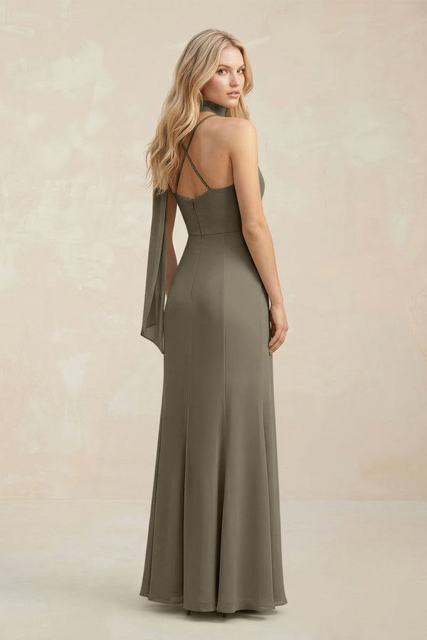 Cowl Neck Sheath Chiffon Maxi Bridesmaid Dress With Ribbon in Willow Green - KissProm Bridesmaid Dresses
