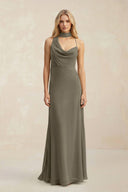 Cowl Neck Sheath Chiffon Maxi Bridesmaid Dress With Ribbon in Willow Green - KissProm Bridesmaid Dresses