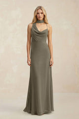 Cowl Neck Sheath Chiffon Maxi Bridesmaid Dress With Ribbon in Willow Green - KissProm Bridesmaid Dresses