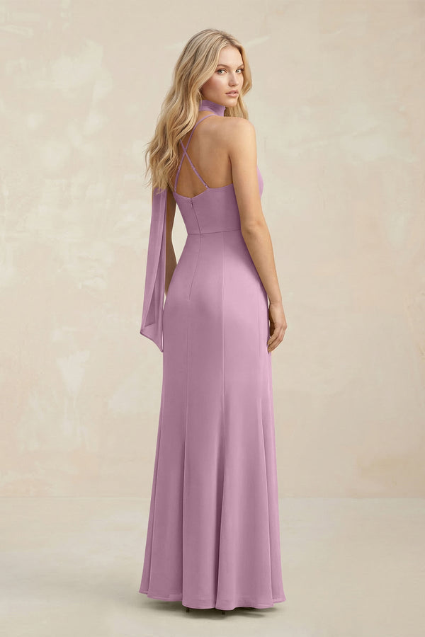 Cowl Neck Sheath Chiffon Maxi Bridesmaid Dress With Ribbon in Wisteria - KissProm Bridesmaid Dresses