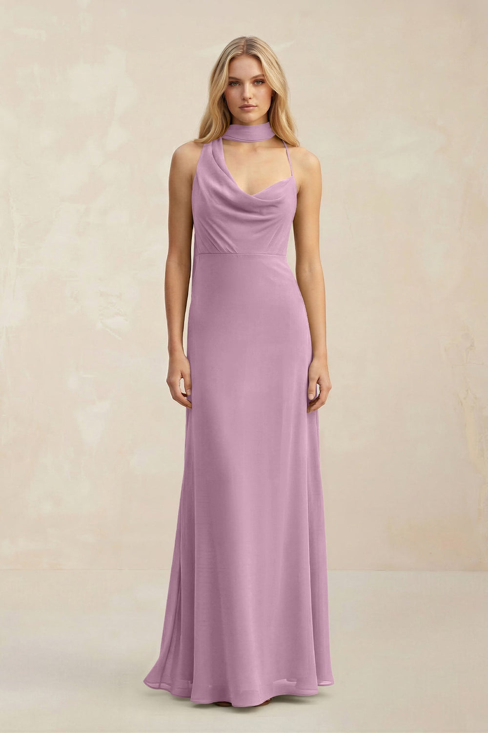 Cowl Neck Sheath Chiffon Maxi Bridesmaid Dress With Ribbon in Wisteria - KissProm Bridesmaid Dresses