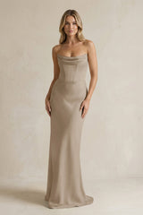 Cowl Neck Sheath Corset Bridesmaid Dress in Almond - KissProm Bridesmaid Dresses