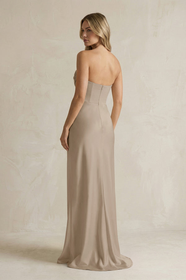 Cowl Neck Sheath Corset Bridesmaid Dress in Almond - KissProm Bridesmaid Dresses