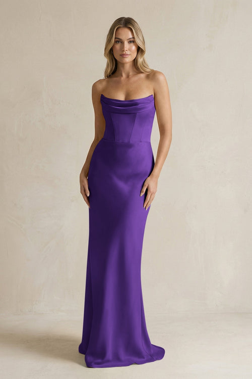 Cowl Neck Sheath Corset Bridesmaid Dress in Amethyst - KissProm Bridesmaid Dresses