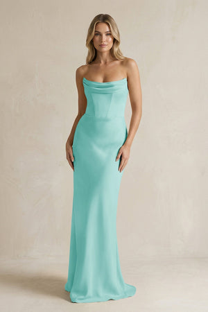 Cowl Neck Sheath Corset Bridesmaid Dress in Aqua - KissProm Bridesmaid Dresses