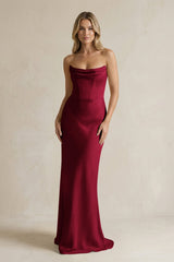 Cowl Neck Sheath Corset Bridesmaid Dress in Burgundy - KissProm Bridesmaid Dresses