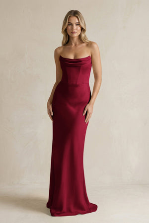 Cowl Neck Sheath Corset Bridesmaid Dress in Burgundy - KissProm Bridesmaid Dresses