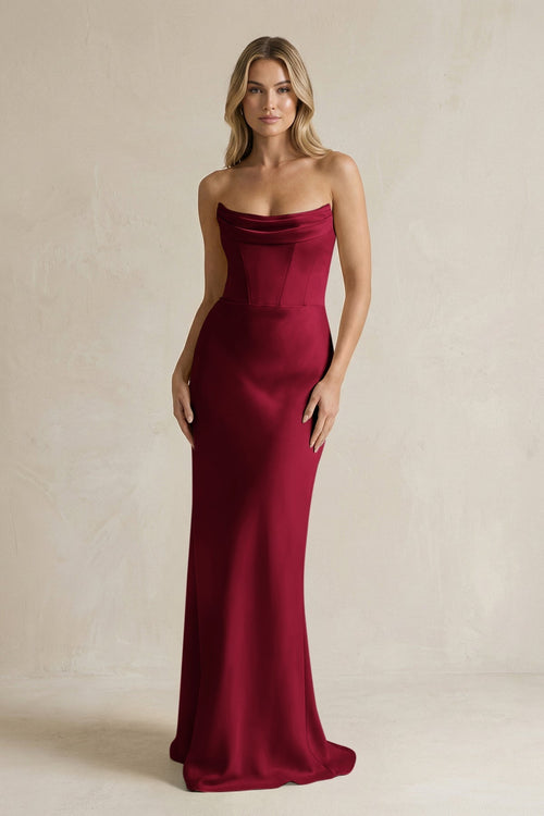 Cowl Neck Sheath Corset Bridesmaid Dress in Burgundy - KissProm Bridesmaid Dresses