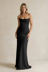 Cowl Neck Sheath Corset Bridesmaid Dress in Black - KissProm Bridesmaid Dresses