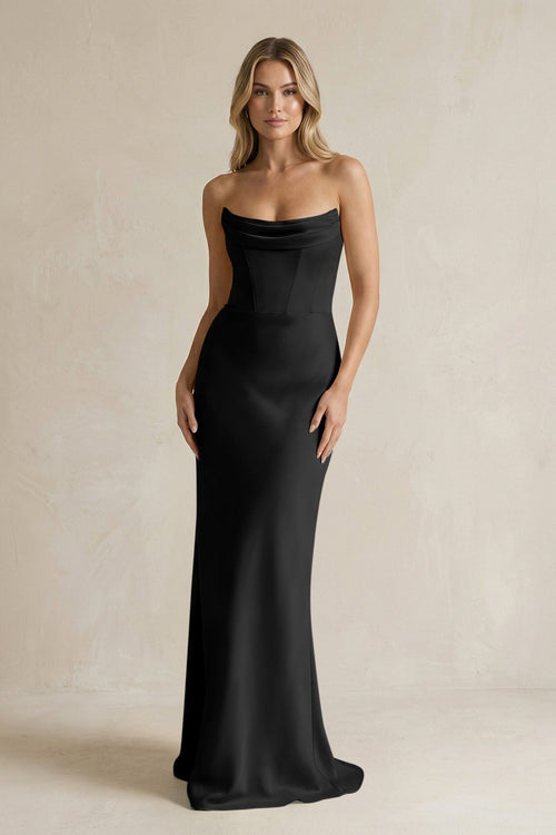 Cowl Neck Sheath Corset Bridesmaid Dress in Black - KissProm Bridesmaid Dresses