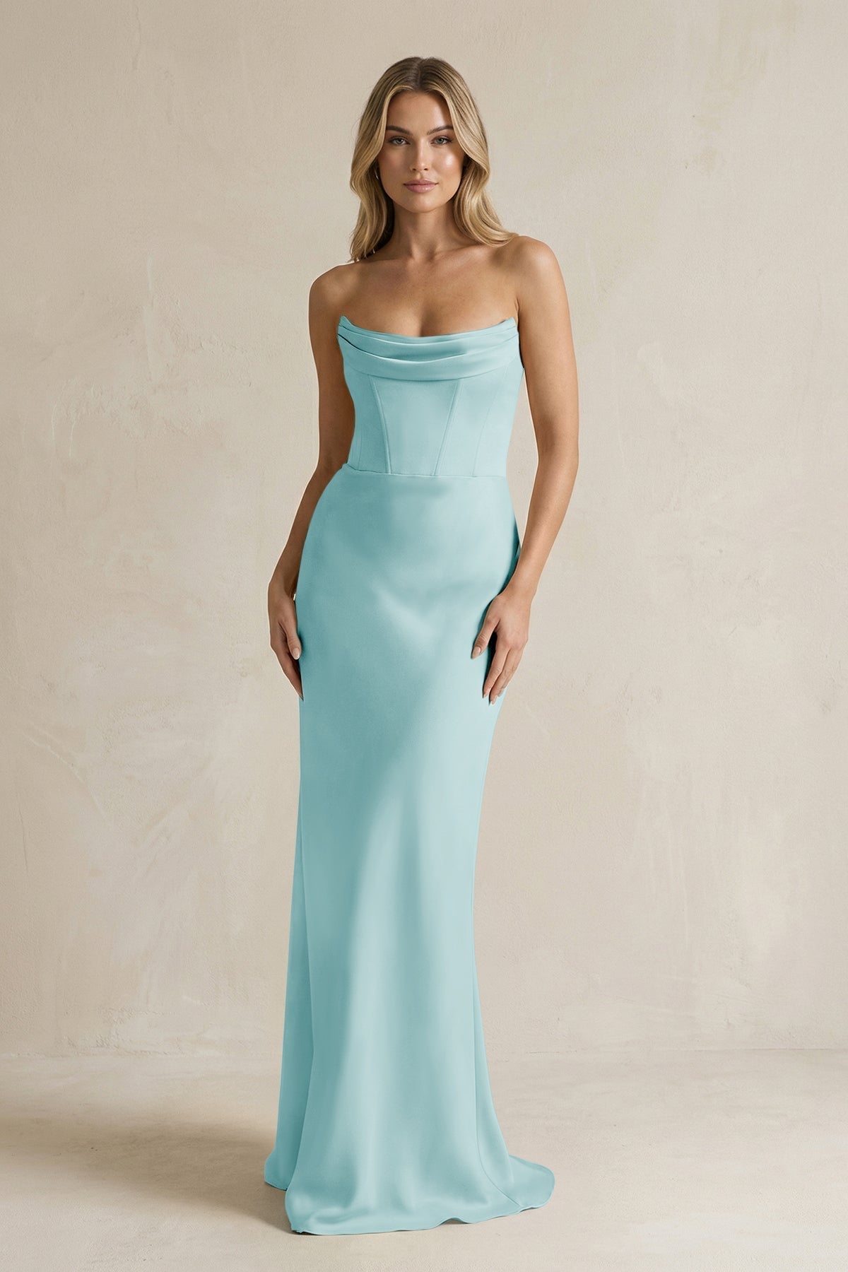 KissProm Cowl Neck Sheath Corset Bridesmaid Dress in Bleached Aqua, Bleached Aqua / 2