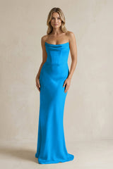 Cowl Neck Sheath Corset Bridesmaid Dress in Blue Jay - KissProm Bridesmaid Dresses