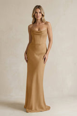Cowl Neck Sheath Corset Bridesmaid Dress in Bronzer - KissProm Bridesmaid Dresses