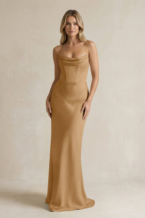 Cowl Neck Sheath Corset Bridesmaid Dress in Bronzer - KissProm Bridesmaid Dresses