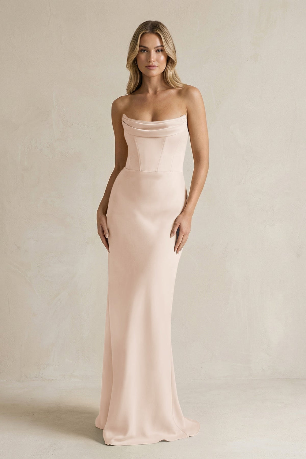 Cowl Neck Sheath Corset Bridesmaid Dress in Buttercream - KissProm Bridesmaid Dresses