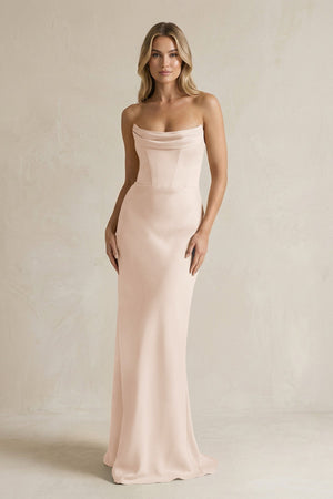 Cowl Neck Sheath Corset Bridesmaid Dress in Buttercream - KissProm Bridesmaid Dresses