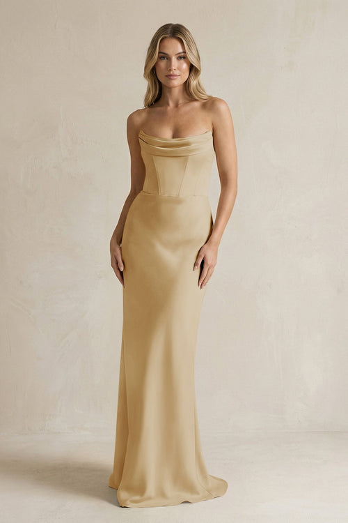 KissProm Cowl Neck Sheath Corset Bridesmaid Dress in Champagne, Champagne / 12