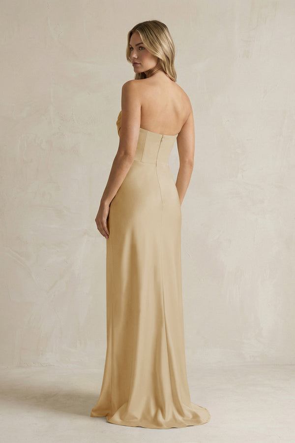 KissProm Cowl Neck Sheath Corset Bridesmaid Dress in Champagne, Champagne / 12