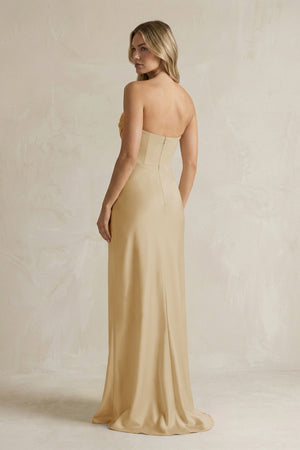 Cowl Neck Sheath Corset Bridesmaid Dress in Champagne - KissProm Bridesmaid Dresses