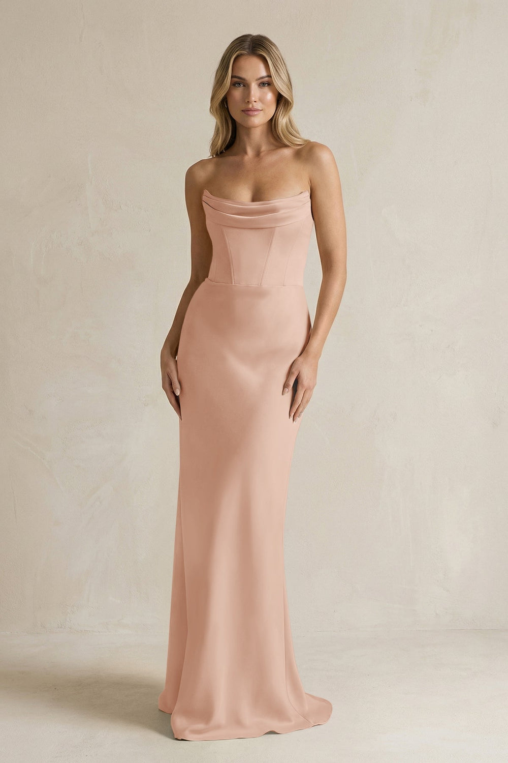 Cowl Neck Sheath Corset Bridesmaid Dress in Champagne Rose - KissProm Bridesmaid Dresses