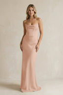 Cowl Neck Sheath Corset Bridesmaid Dress in Champagne Rose - KissProm Bridesmaid Dresses