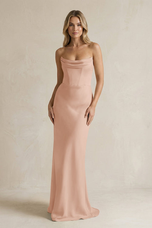 Cowl Neck Sheath Corset Bridesmaid Dress in Champagne Rose - KissProm Bridesmaid Dresses