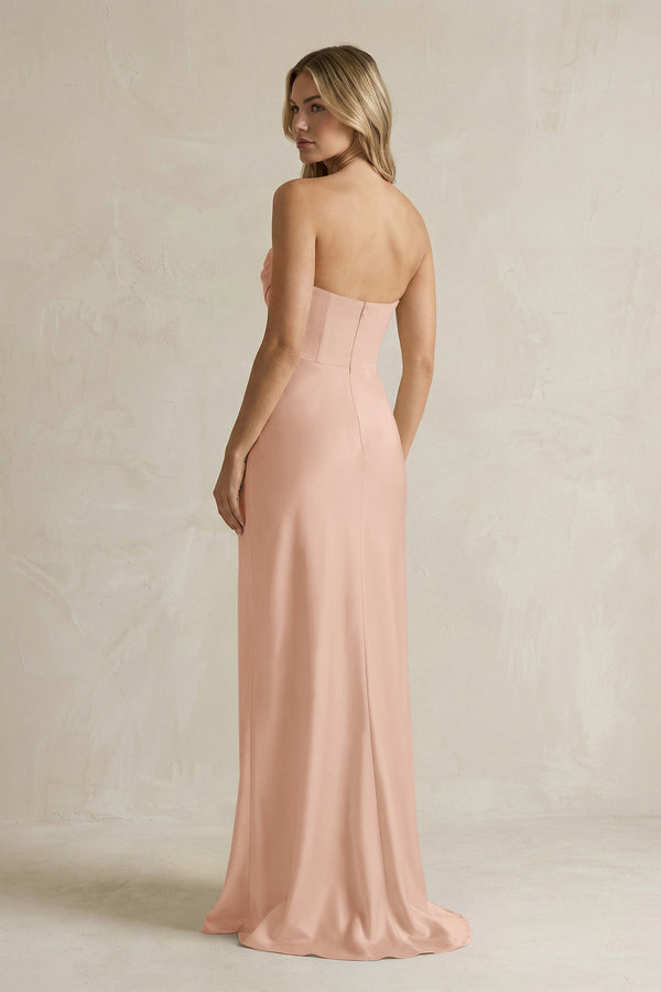 Cowl Neck Sheath Corset Bridesmaid Dress in Champagne Rose - KissProm Bridesmaid Dresses