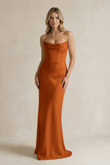 Cowl Neck Sheath Corset Bridesmaid Dress in Cinnamon - KissProm Bridesmaid Dresses