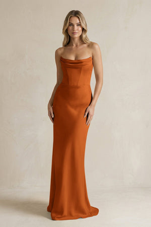 Cowl Neck Sheath Corset Bridesmaid Dress in Cinnamon - KissProm Bridesmaid Dresses