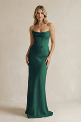 Cowl Neck Sheath Corset Bridesmaid Dress in Dark Green - KissProm Bridesmaid Dresses