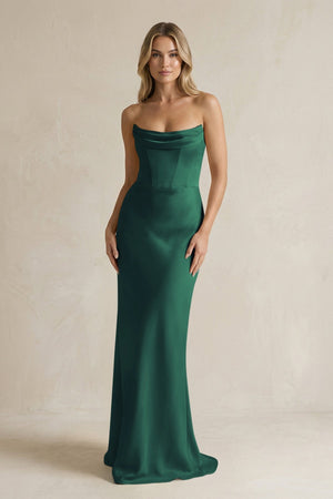 Cowl Neck Sheath Corset Bridesmaid Dress in Dark Green - KissProm Bridesmaid Dresses